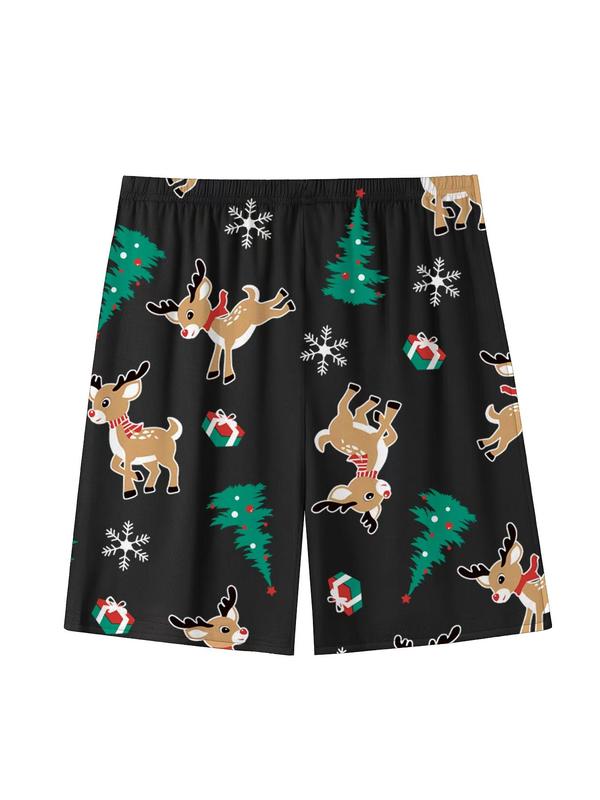 Men's Christmas Reindeer Print Tee & Shorts Loungewear Two-Piece Set, Casual Comfy Round Neck Short Sleeve T-Shirt & Shorts PJ Set, Men's Sleepwear for All Seasons