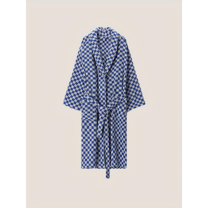 Comfy Fleece Men's One-piece Shawl Collar Kimono Night-robe with Pockets, Checkerboard Pattern Lace Up Home Pajamas