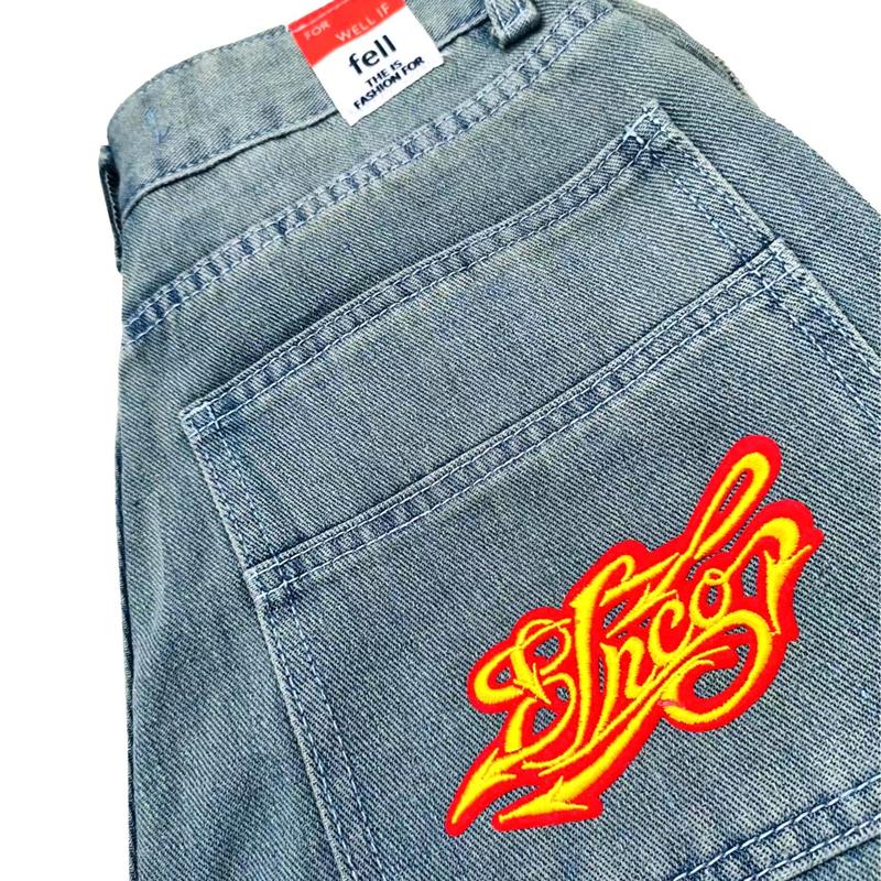 Loose Men's Vintage Embroidery High Quality Jeans Hip Hop Goth Street Style JNCO Casual Wide Leg Jeans Y2K wide leg high waist