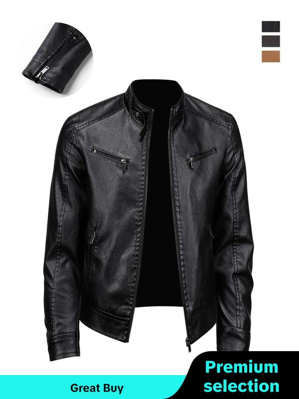 Men's Solid Zip Up Pocket Pu Leather Jacket, Slim Casual Fashion Long Sleeve Stand Collar Outerwear for Fall & Winter, Men's Jackets 2024, Men's Clothes for Daily Wear