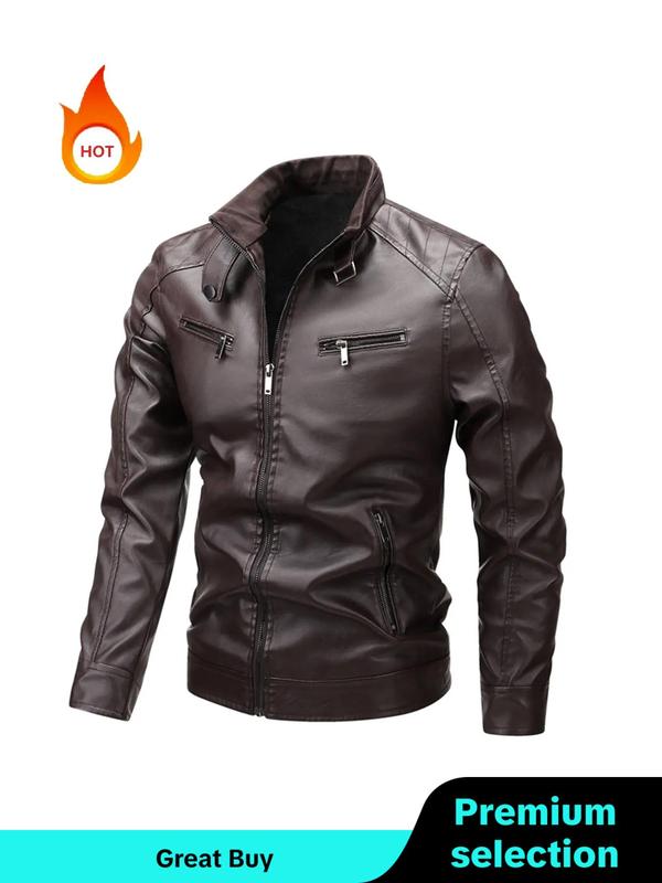 Men's Solid Zip Up Pocket Pu Leather Jacket, Slim Casual Fashion Long Sleeve Stand Collar Outerwear for Fall & Winter, Men's Jackets 2024, Men's Clothes for Daily Wear