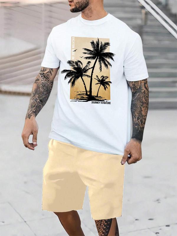 Two-Piece Set Men's Coconut Tree Graphic Crew Neck Tee & Drawstring Shorts Set, Loose Casual Round Neck Short Sleeve T-shirt & Elastic Waist Pocket Shorts, Men's Designer Outfits Set, Beach Outfits, Summer Sets, Men's Two-piece Outfits