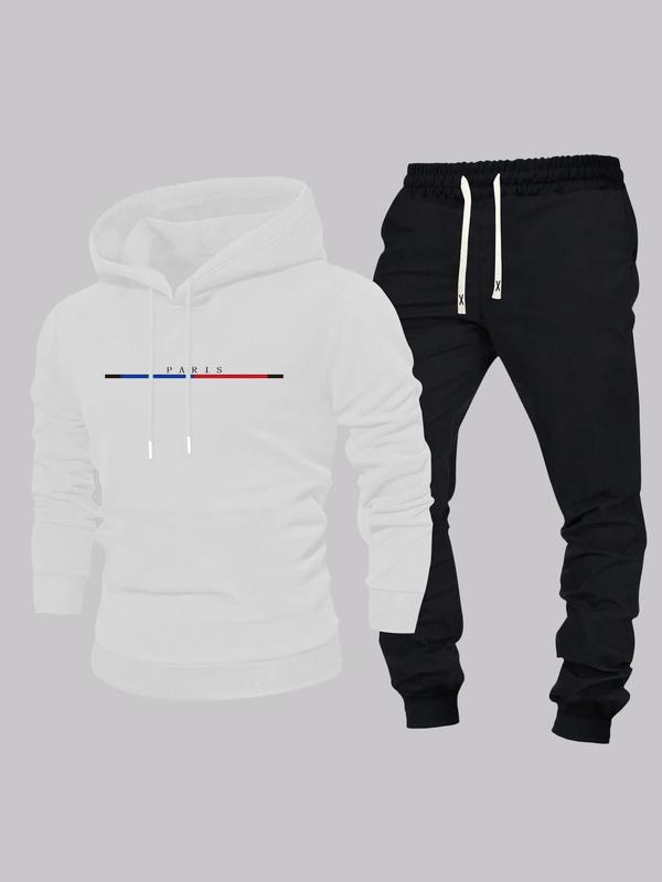 Two-piece Set Men's Letter and  Striped Print Hoodie & Drawstring Waist Sweatpants, Regular Fit Casual Long Sleeve Hooded  Sweatshirt & Pocket Jogger Pants, Men's Spring & Fall Clothes