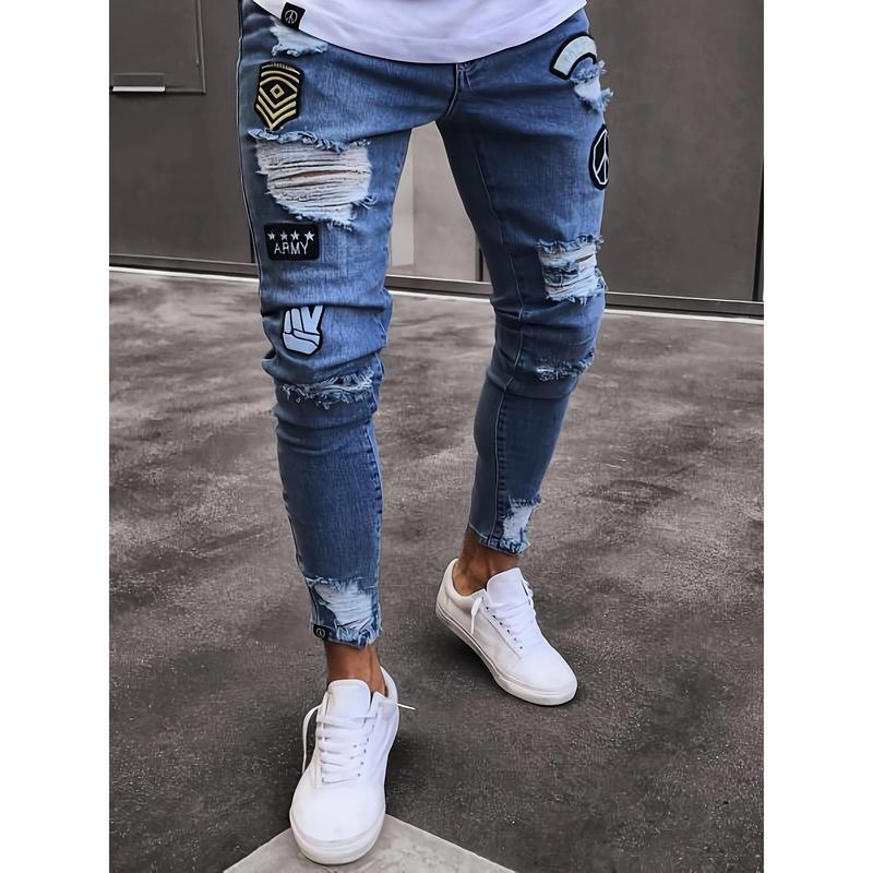 Fashion Embroidery Design, Men's Slim Ripped Jeans, Street Trend Style Jeans