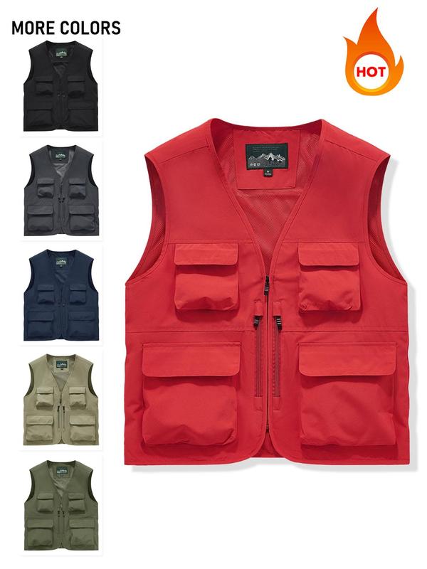 Men's Solid Color Vest Jacket, Regular Fit Casual Sleeveless Zip Up Waistcoat for Outdoor Fishing, Men's Outerwear for All Seasons