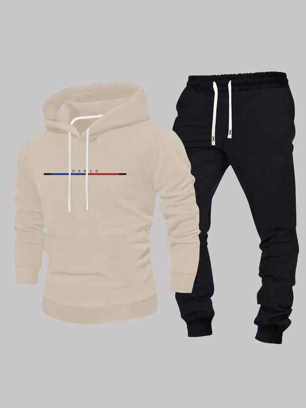 Two-piece Set Men's Letter and  Striped Print Hoodie & Drawstring Waist Sweatpants, Regular Fit Casual Long Sleeve Hooded  Sweatshirt & Pocket Jogger Pants, Men's Spring & Fall Clothes