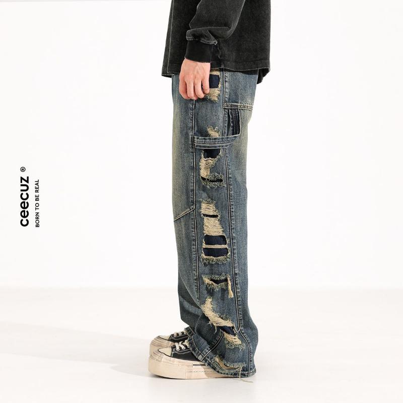 Men's Retro Distressed Vintage Loose Wide-leg Jeans Men's Niche Loose Straight Long Pants