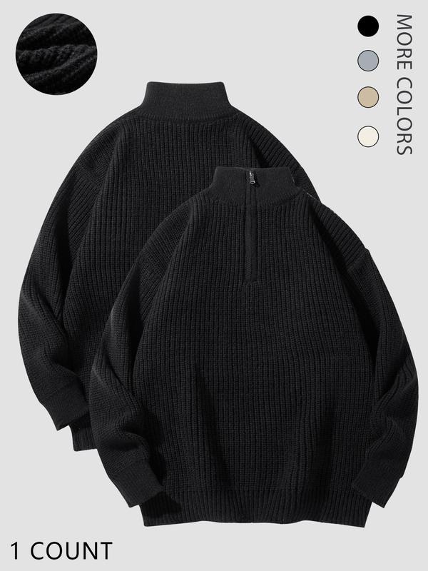 Men's Solid Zip Up Funnel Neck Sweater, Regular Fit Casual Long Sleeve Jumper for Fall & Winter, Men's Knitwear for Daily Wear