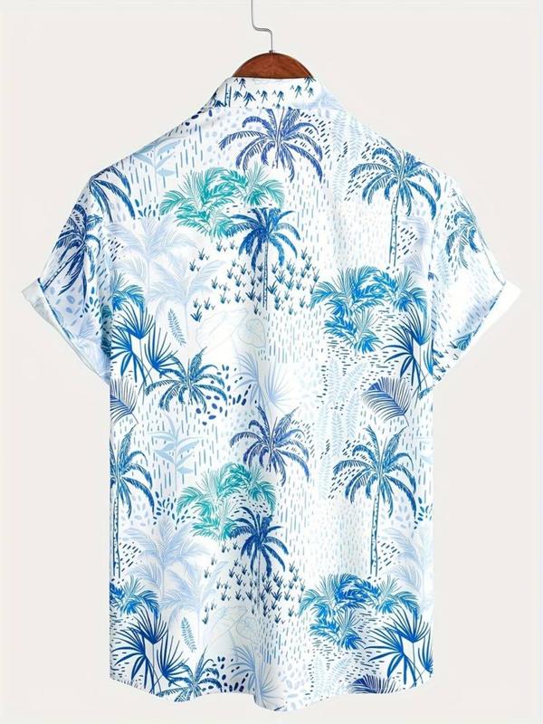 Men's Coconut Tree Print Button Front Shirt, Regular Fit Casual Short Sleeve Collar Top for Beach Vacation, Men's Clothes for All Seasons