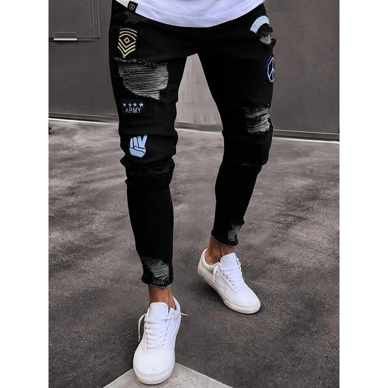 Fashion Embroidery Design, Men's Slim Ripped Jeans, Street Trend Style Jeans