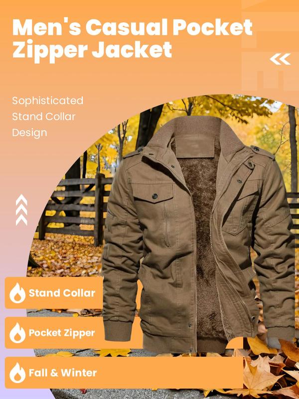 Men's Regular Fit Solid Pocket Zipper Winter Jacket, Casual Long Sleeve Stand Collar Outerwear for Fall & Winter, Men's Clothes for Daily Wear