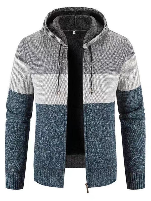 Men's Colorblock Zip Up Hooded Jacket Cardigans, Regular Fit Casual Long Sleeve Drawstring Pullover for Fall & Winter, Men's Clothes for Daily Wear