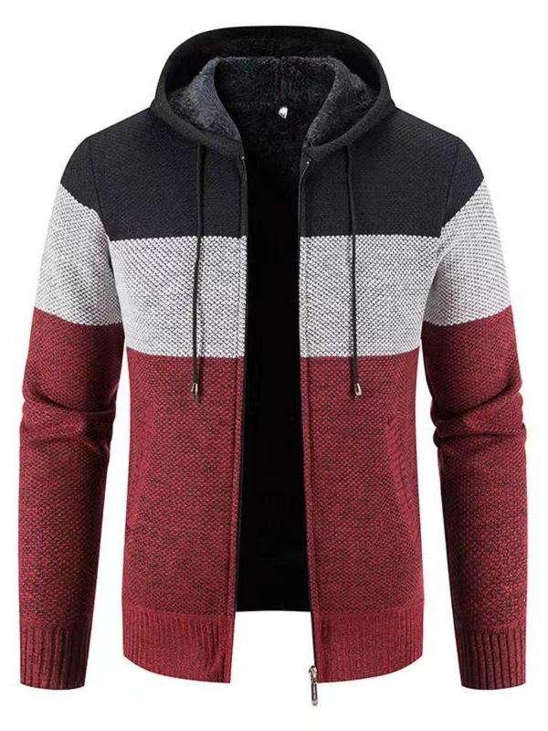 Men's Colorblock Zip Up Hooded Jacket Cardigans, Regular Fit Casual Long Sleeve Drawstring Pullover for Fall & Winter, Men's Clothes for Daily Wear