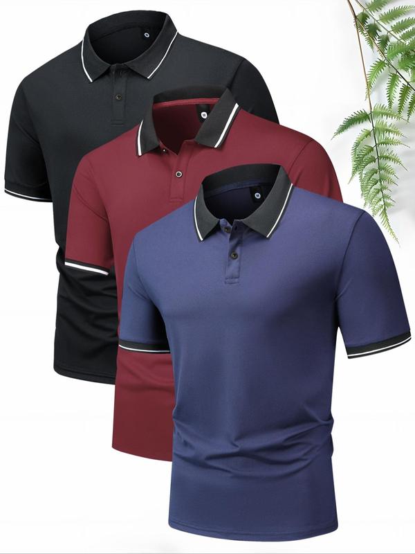 Men's Striped Trim Print Button Front Half Placket Polo Shirt, Polo Shirts Men, Regular Fit Shortsleeve Top, Casual Soft Comfy Short Sleeve Collared Top for Summer, Summer Outfits, Men's Back To School Clothes for Daily Outdoor Wear