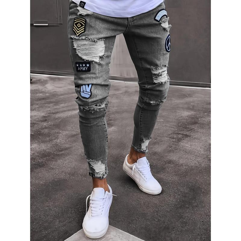 Fashion Embroidery Design, Men's Slim Ripped Jeans, Street Trend Style Jeans