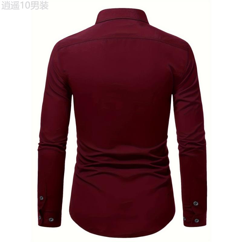 Long Sleeve Men's Solid Color Dress Shirts, Lapel Collar Design Casual Button Up Shirt For Formal Occasions Menswear Top