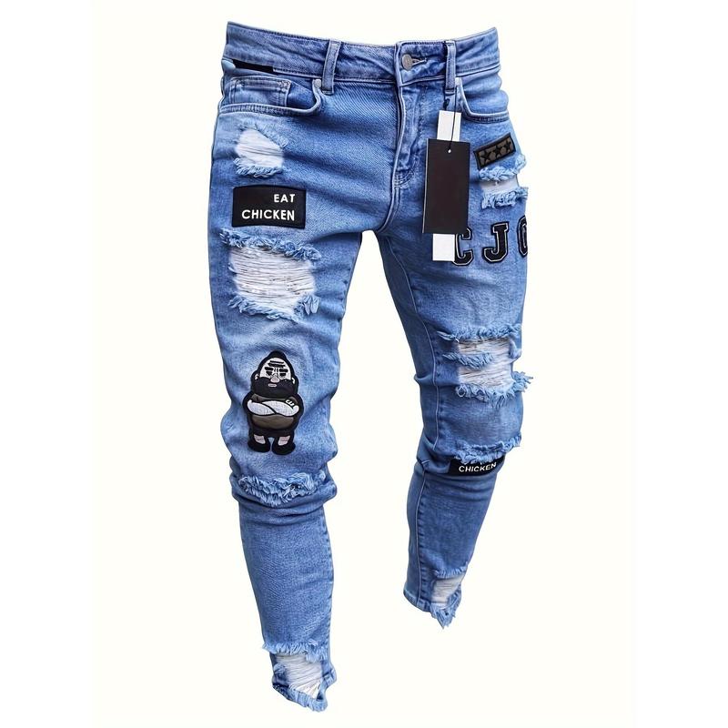 Fashion Embroidery Design, Men's Slim Ripped Jeans, Street Trend Style Jeans