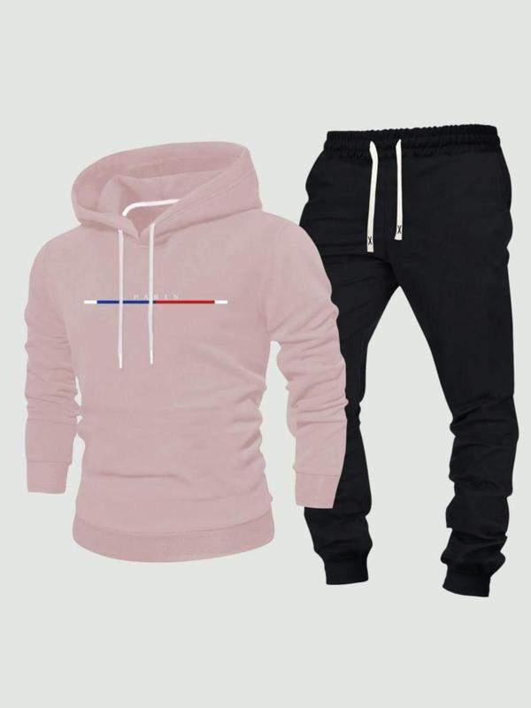 Two-piece Set Men's Letter and  Striped Print Hoodie & Drawstring Waist Sweatpants, Regular Fit Casual Long Sleeve Hooded  Sweatshirt & Pocket Jogger Pants, Men's Spring & Fall Clothes