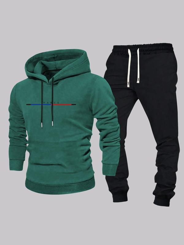 Two-piece Set Men's Letter and  Striped Print Hoodie & Drawstring Waist Sweatpants, Regular Fit Casual Long Sleeve Hooded  Sweatshirt & Pocket Jogger Pants, Men's Spring & Fall Clothes