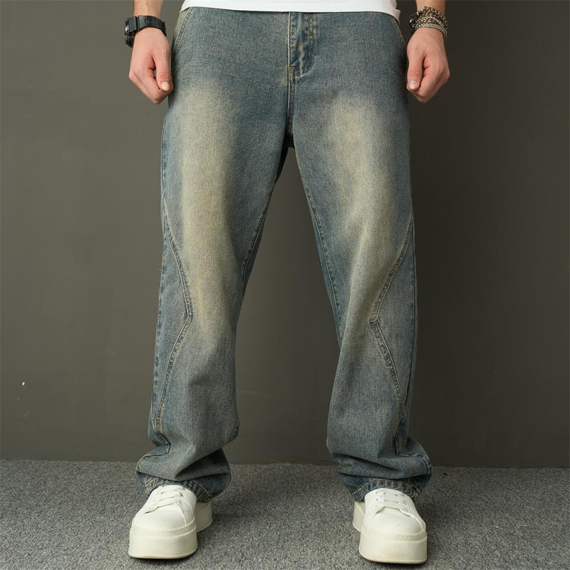 Wide-Leg New Streetwear Men Simple Style Spliced Straight Loose Jeans Trousers Stylish Solid Men's Casual Denim Pants