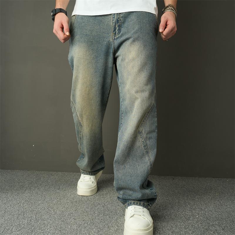 Wide-Leg New Streetwear Men Simple Style Spliced Straight Loose Jeans Trousers Stylish Solid Men's Casual Denim Pants