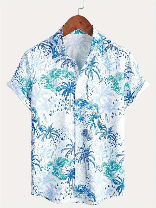 Men's Coconut Tree Print Button Front Shirt, Regular Fit Casual Short Sleeve Collar Top for Beach Vacation, Men's Clothes for All Seasons