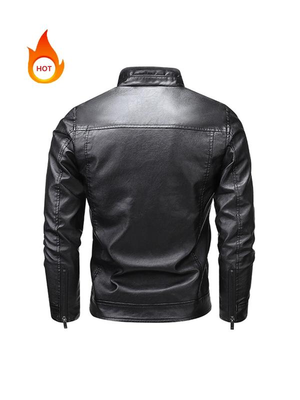 Men's Solid Zip Up Pocket Pu Leather Jacket, Slim Casual Fashion Long Sleeve Stand Collar Outerwear for Fall & Winter, Men's Jackets 2024, Men's Clothes for Daily Wear