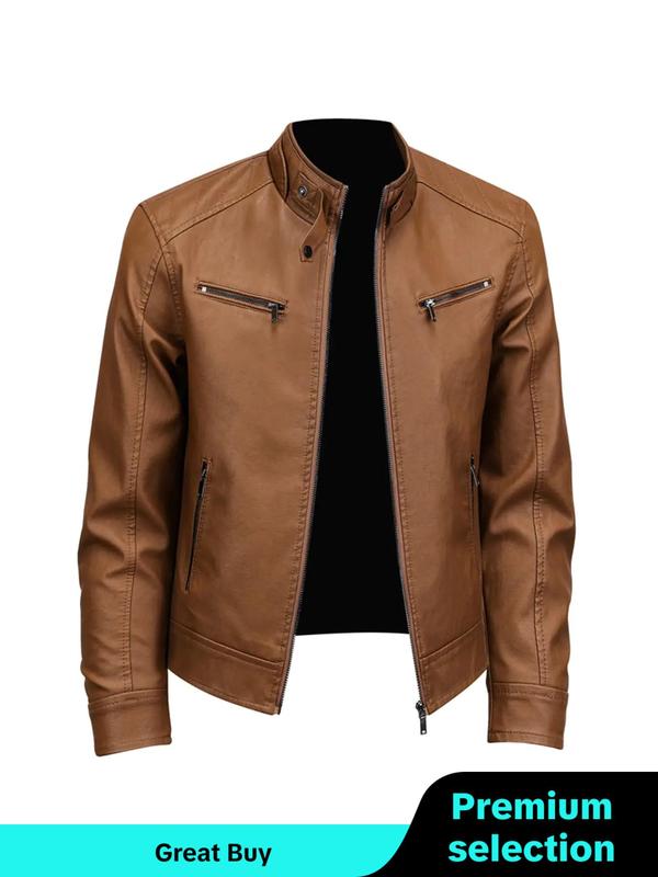 Men's Solid Zip Up Pocket Pu Leather Jacket, Slim Casual Fashion Long Sleeve Stand Collar Outerwear for Fall & Winter, Men's Jackets 2024, Men's Clothes for Daily Wear