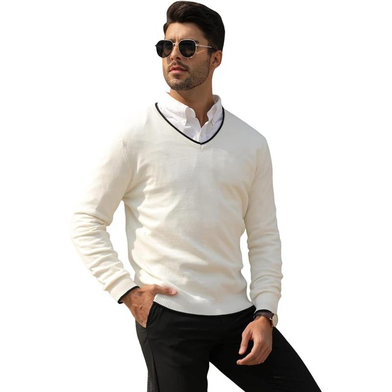 Men's Cotton V Neck Sweater Knitted Jumper Sweater Long Sleeve Pullover Top Knitwear Menswear Slim Fit Dress Crewneck Round Neck Casual Plain Beige