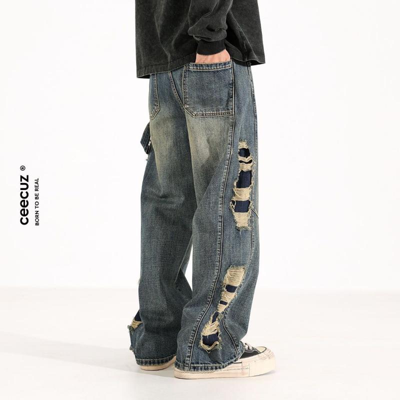 Men's Retro Distressed Vintage Loose Wide-leg Jeans Men's Niche Loose Straight Long Pants