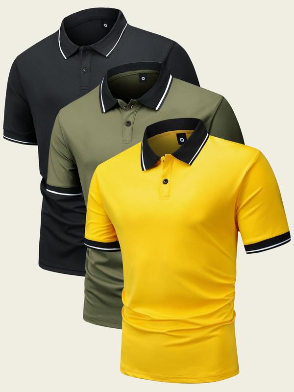 Men's Striped Trim Print Button Front Half Placket Polo Shirt, Polo Shirts Men, Regular Fit Shortsleeve Top, Casual Soft Comfy Short Sleeve Collared Top for Summer, Summer Outfits, Men's Back To School Clothes for Daily Outdoor Wear