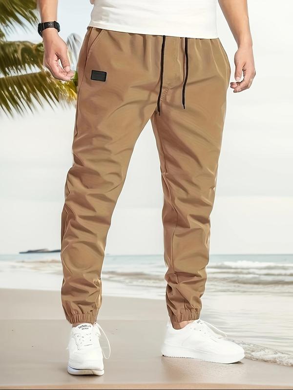 Men's Solid Color Patched Drawstring Waist Pants, Loose Casual Pocket Elastic Waist Trousers for Daily Wear, Men's Bottoms for All Seasons