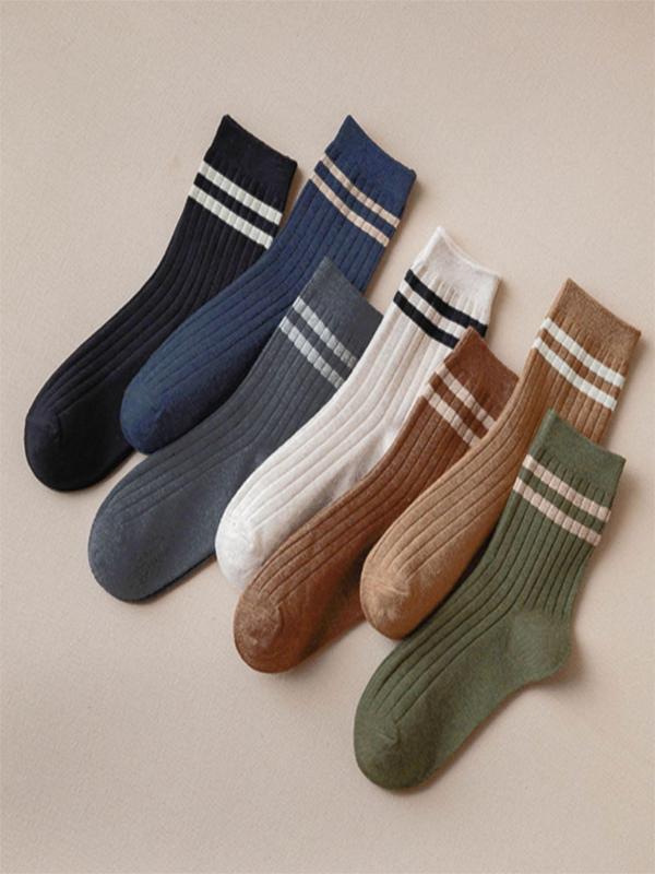 Men's 7 Pairs Striped Print Crew Socks, Casual Comfortable Breathable Socks for Daily Wear, Menswear for All Seasons