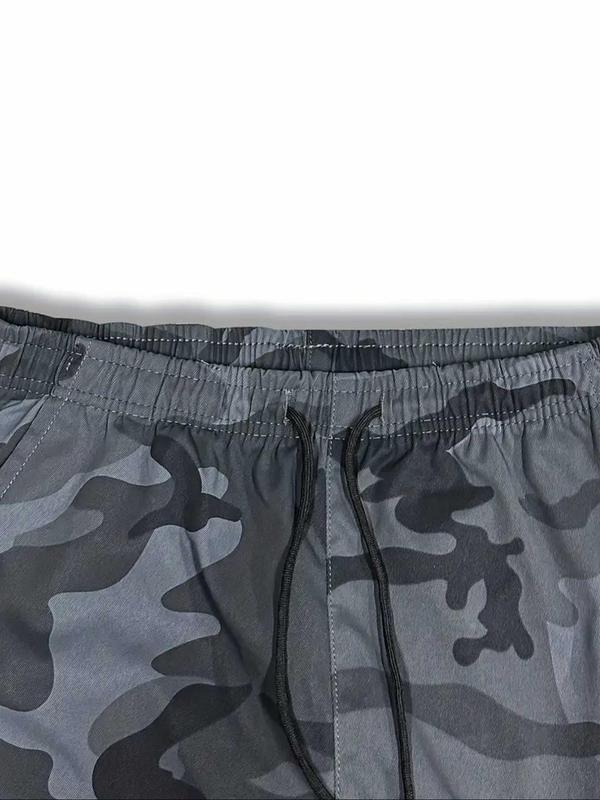 Men's Camo Print Drawstring Waist Cargo Pants, Casual Regular Fit Pocket Elastic Waist Trousers for Outdoor Hiking Camping, Men's Bottoms for Spring & Fall