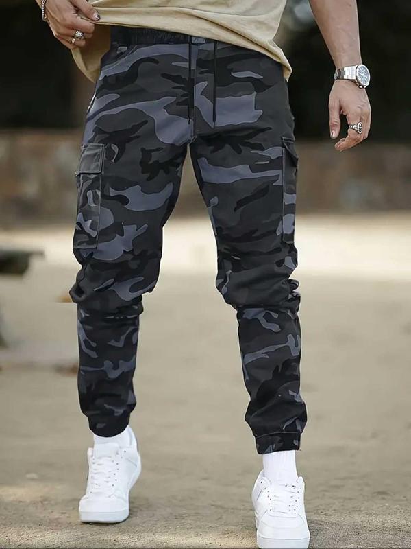 Men's Camo Print Drawstring Waist Cargo Pants, Casual Regular Fit Pocket Elastic Waist Trousers for Outdoor Hiking Camping, Men's Bottoms for Spring & Fall