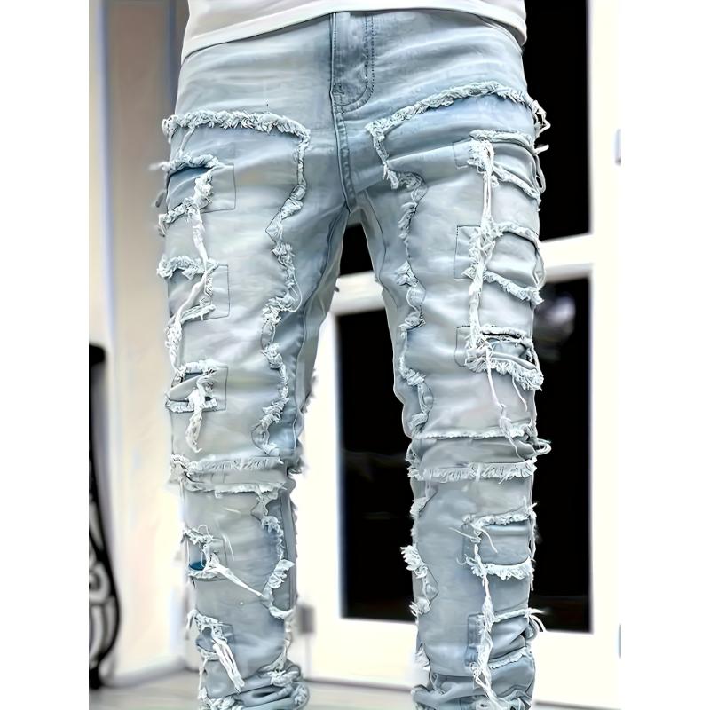 Men's Creative Tassel Straight Leg Jeans, Men's Casual Medium Stretch Street Style Hip Hop Barrel Jeans For All Seasons