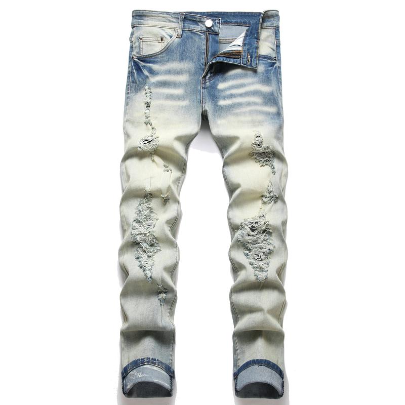 High Street Fashion Men Jeans Retro Blue Stretch Skinny Fit Hole Ripped Jeans Men Patched Designer Hip Hop Brand Pants Hombre