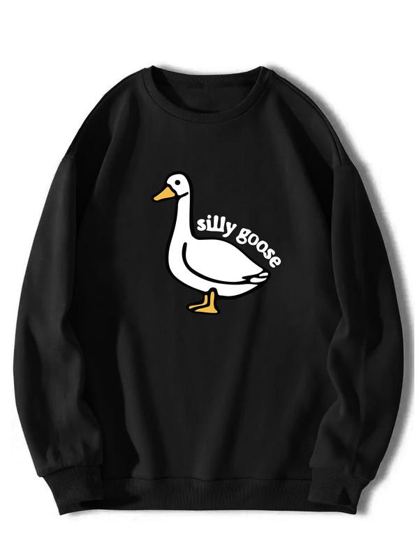 Unisex Men's Cartoon Goose & Letter Print Crewneck Graphic Sweatshirt, Essentials Sweatshirt, Loose Long Sleeve Graphic Sweatshirt, Back To School Designer Clothing, Men's Drippy Outfits Going Out Outfit, Size Runs A Little Large