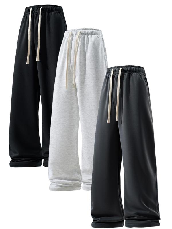 Men's Solid Drawstring Waist Wide Leg Pants, Casual Comfy Pocket Trousers for Daily Wear, Men's Bottoms for All Seasons