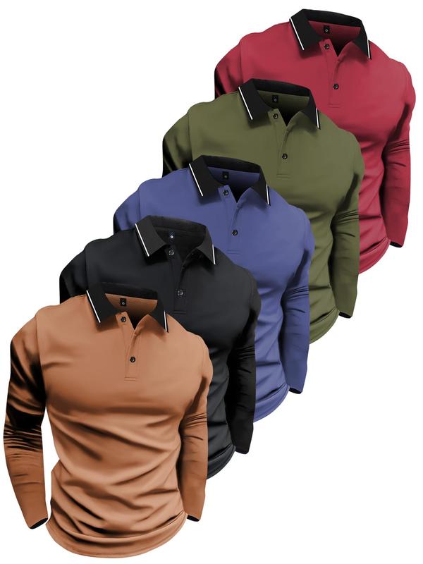 Men's Solid Long Sleeve Polo Shirt, Polo Collar Shirt, Casual Regular Fit Button Front Top for Summer, Fashion Men's Clothes for Daily Wear