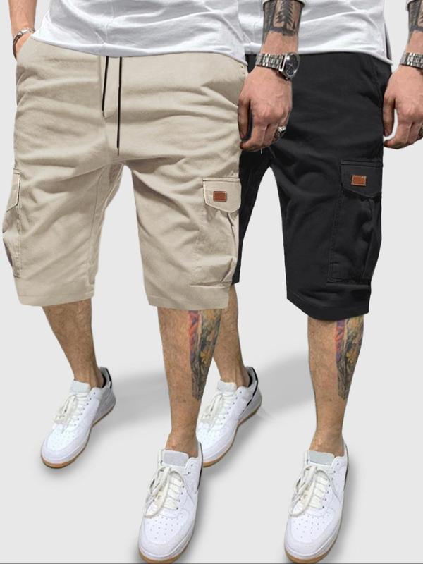 Plain Flap Pocket Patched Drawstring Waist Cargo Mens Shorts, Casual Streetwear, Gym Clothing, Straight Leg  Short Pants  for Summer, Woven Bottoms for Men