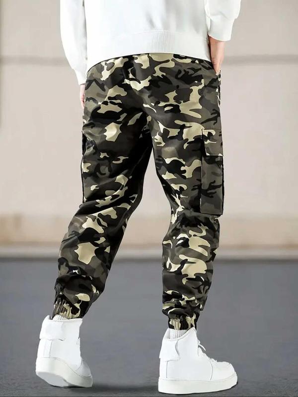 Men's Camo Print Drawstring Waist Cargo Pants, Casual Regular Fit Pocket Elastic Waist Trousers for Outdoor Hiking Camping, Men's Bottoms for Spring & Fall