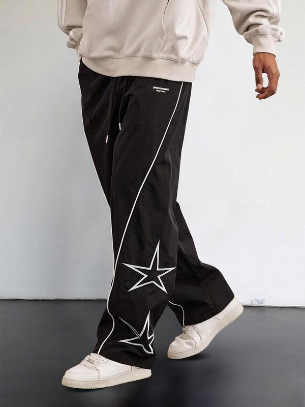 Men's Star Embroidery Drawstring Waist Sweatpants, 2024 New Style Casual Pocket Straight Leg Trousers for Daily Wear, Fashion Men's Bottoms for All Seasons