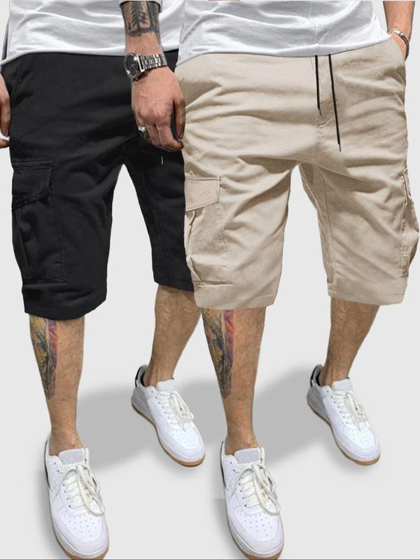 Plain Flap Pocket Patched Drawstring Waist Cargo Mens Shorts, Casual Streetwear, Gym Clothing, Straight Leg  Short Pants  for Summer, Woven Bottoms for Men