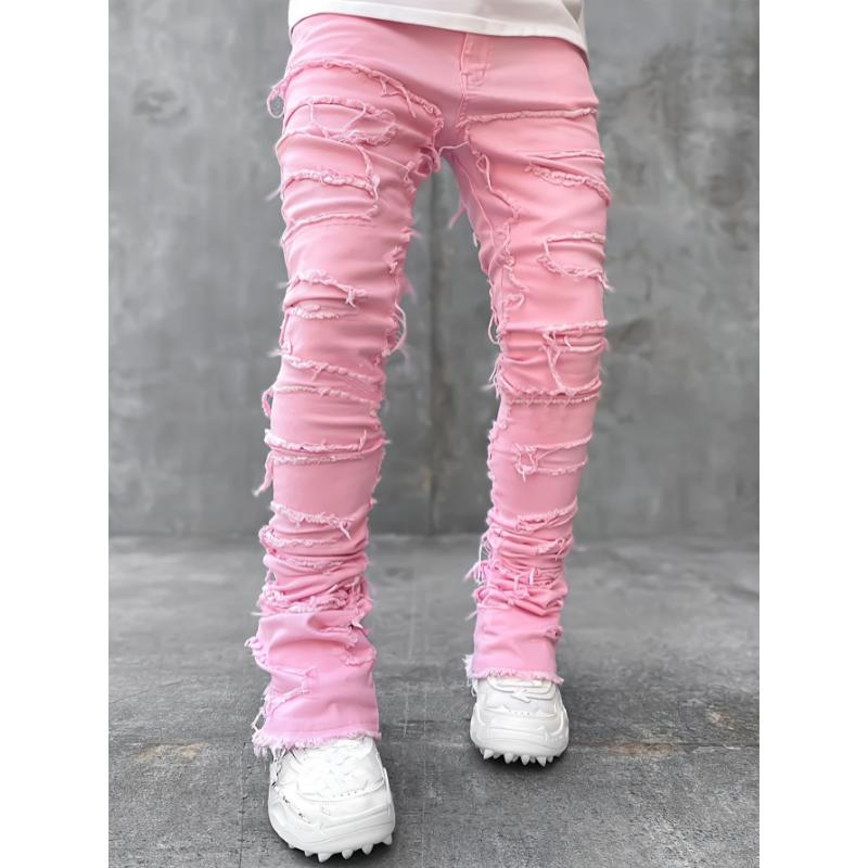 Men's Creative Tassel Straight Leg Jeans, Men's Casual Medium Stretch Street Style Hip Hop Barrel Jeans For All Seasons