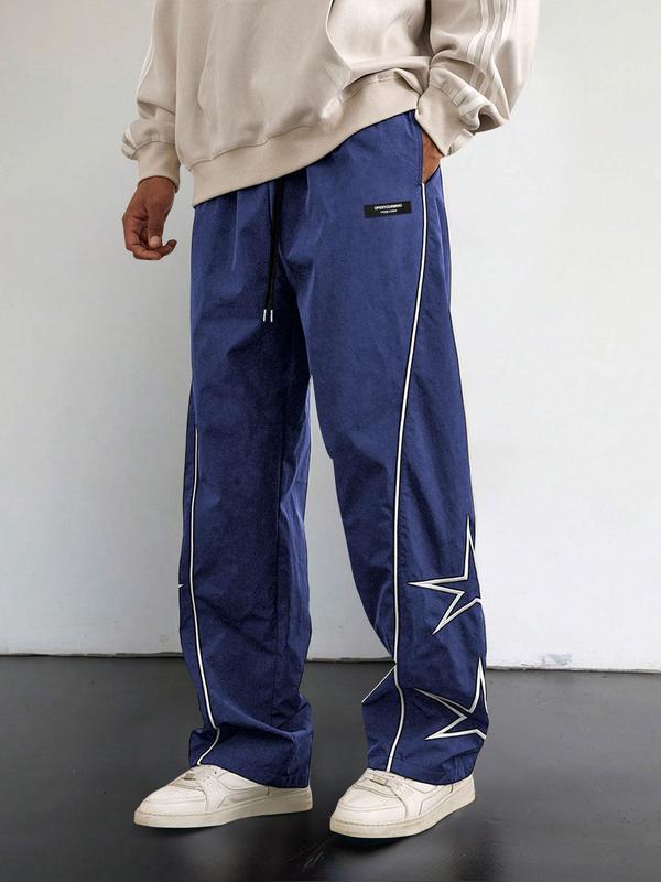 Men's Star Embroidery Drawstring Waist Sweatpants, 2024 New Style Casual Pocket Straight Leg Trousers for Daily Wear, Fashion Men's Bottoms for All Seasons