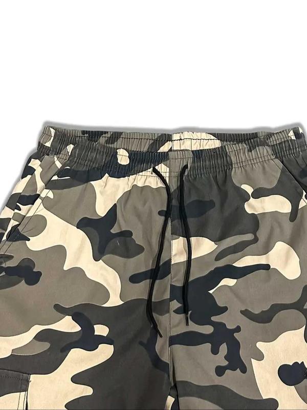 Men's Camo Print Drawstring Waist Cargo Pants, Casual Regular Fit Pocket Elastic Waist Trousers for Outdoor Hiking Camping, Men's Bottoms for Spring & Fall