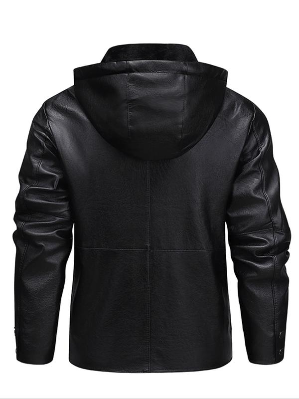 Men's Solid Pocket Zipper Hooded Jacket, Fashion Casual Windproof Soft Pu Leather Outerwear for Daily Outdoor Wear, Jackets for Men, Men Cloths for All Seasons