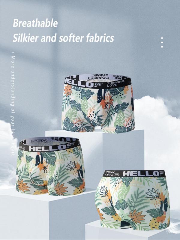 Men's Floral Print Contrast Letter Tape Boxer Brief, Casual Comfy Breathable Underwear for Daily Wear, Mens Underwear for All Seasons