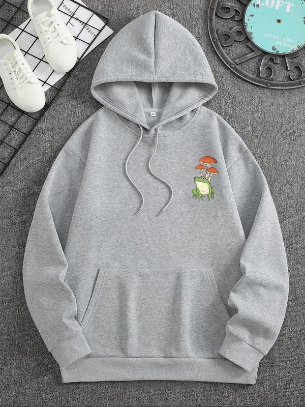 Men's Cartoon Frog & Mushroom Print Drop Shoulder Thermal Lined Hoodie, Fashion Casual Regular Fit Drawstring Pocket Hooded Sweatshirt for Daily Holiday Outdoor Wear, Men's Clothes for Fall & Winter